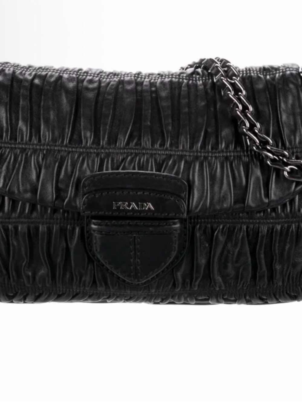 Prada Black Ruched Leather Shoulder Bag with Chain Detail